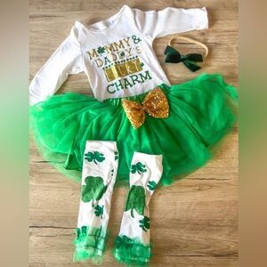 Lucky Charm baby girl outfit green tutu with knee highs and gold bow 3-6 months